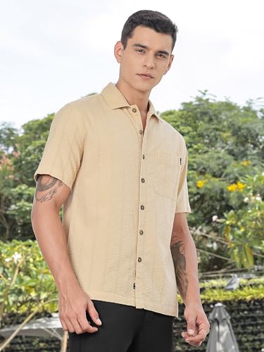 Thomas Scott Mens | Stripes | Seer Sucker Fabric | Spread Collar | Half Sleeve | Casual | Shirts for Men Beige
