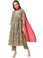 Varanga Women Olive Floral Printed A-Line Kurta With Side Slits Paired With Tonal Bottom And Dupatta