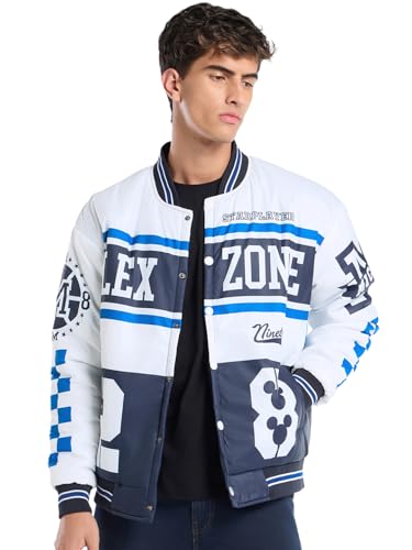 Bewakoof Official Disney Merchandise Mickey MenS Typography Oversized Fit Full Sleeve Stand Collar Nylon Jacket_684821_White_Xl