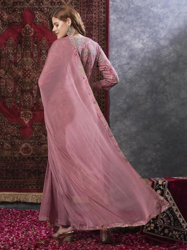 GoSriKi Women's Kurta Set, Viscose Blend, Peach, Large, Includes Trousers & Dupatta, Model VICE Peach-VKS02-GS