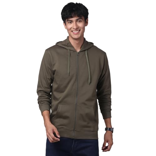 ADRO Mens Cotton Solid Zipper Hoodie Sweatshirts (ZH23-PLN-OL_Olive_XL)