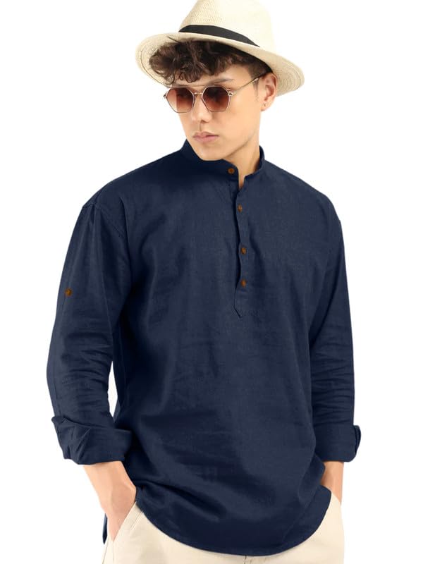 Macsivo MenS Cotton Polyester Blend Solid Regular Fit Full Sleeve Short Kurta Navy