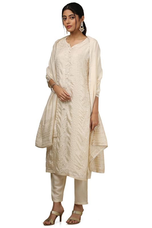 Soch Womens Off White Viscose Embroidered Suit Set With Sequins