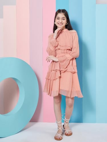Pspeaches Girls Self Design Halter Neck Bell Sleeves Layered Ruffled A-Line Above The Knee Dress Orange Color Stylish & Trandy
