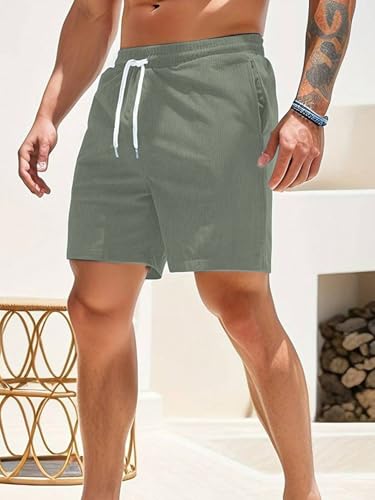 AVANOVA Mens Olive Green Solid Color Loose Fit Drawstring Short with Pockets, Casual Patch Pocket Waist Letter Print Shorts (Sh