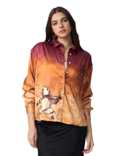 The Souled Store Satin Shirt: Kung Fu Panda Women and Girls Long Sleeves Collared Neck Button Front Orange Polyester Regular Fit