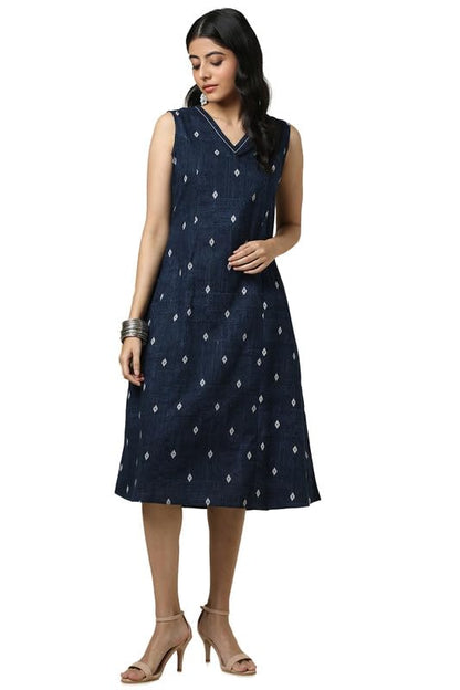 Soch Womens Indigo Cotton Slub Geometric Print Dress