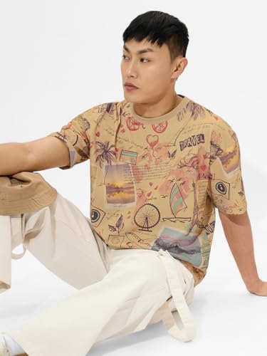 The Souled Store Explorer Men And Boys Short Sleeves Round Neck Brown All Over Printed Cotton Oversized T-Shirts