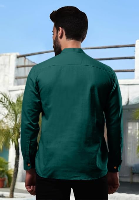Royalscout MenS Cotton Polyester Blend Solid Regular Fit Full Sleeve Short Kurta Green