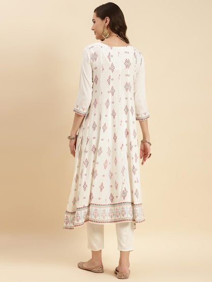rangita Off White Rayon Calf Length Printed Flared Kurti for Women | Kurta for Women