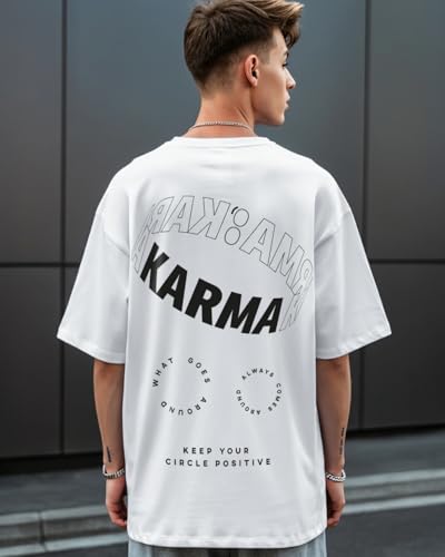 Bewakoof Mens Karma Circle Typography 100% Cotton T-Shirt - Oversized Fit, Round Neck, Half Sleeves White