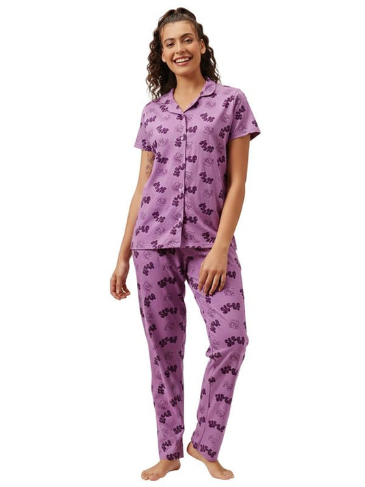 Clovia Womens Cotton Looney Tunes Button Down Shirt & Pyjama Set (LS0025B12_Light Purple_S)