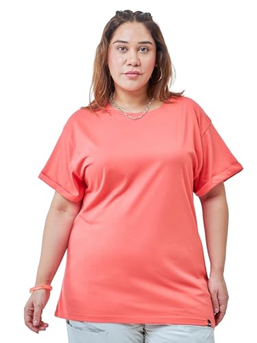 Bewakoof Womens Solid Boyfriend Fit Half Sleeve Round Neck Cotton Jersey Plus Size T-Shirt_617305_Pink_4XL