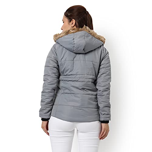 Campus Sutra Womens Grey Hooded Puffer Regular Fit Bomber Jacket For Winter Wear | Standing Collar | Full Sleeve | Zipper | Cas