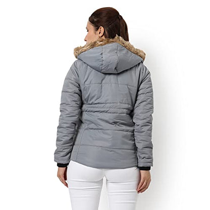 Campus Sutra Womens Grey Hooded Puffer Regular Fit Bomber Jacket For Winter Wear | Standing Collar | Full Sleeve | Zipper | Cas