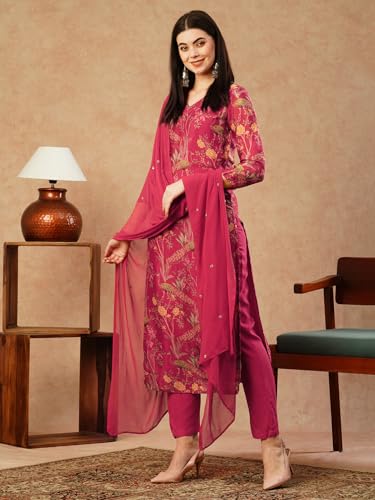 GoSriKi Womens Cotton Blend Straight Printed Kurta with Pant & Dupatta (SHOKO RED-NW-GS_XXL_Red_XX-Large)