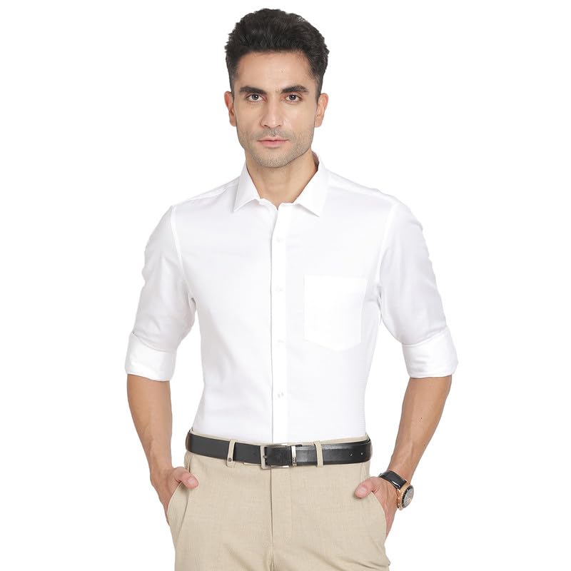 Turtle Men 100% Cotton Regular Fit White Self Design Half Sleeve Formal Shirt