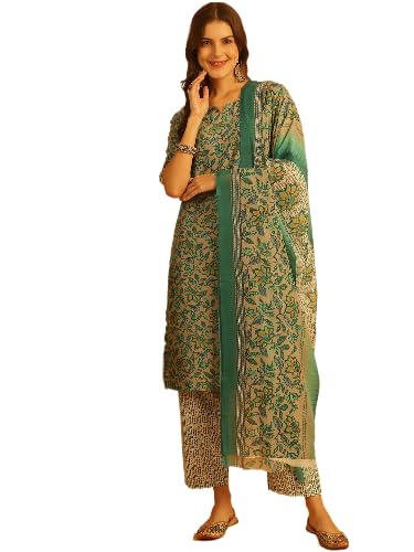 Pinkmint Salwar Suit Set For Women Flower Printed Halter V Neck Kurta With Trouser With Dupatta Ready To Wear Wedding