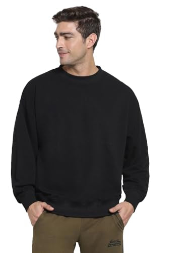 Bewakoof MenS Solid Oversized Fit Full Sleeve Round Neck Unbrushed Fleece Sweatshirt Green