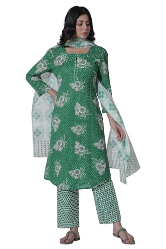 W for Woman Green Floral Printed Straight Kurta, Pants with Dupatta Set