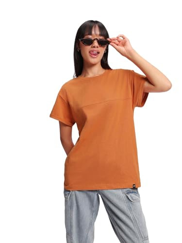 Bewakoof Air 1.0 Womens Solid Boyfriend Fit Half Sleeve Round Neck Cotton T-Shirt_ 582060 Orange XS