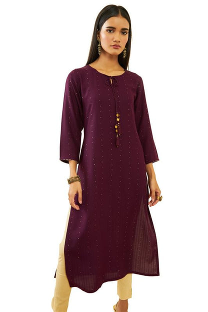 Soch Womens Wine Rayon Sequin Embellished Round-Neck Straight Kurta