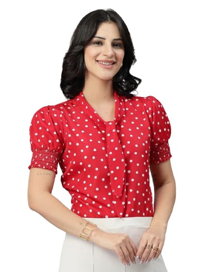 Style Quotient Women Polka Printed Red White Polycrepe Semi Formal Top
