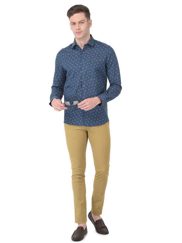 Turtle Men Cotton Linen Dark Blue Slim Fit Printed Shirts