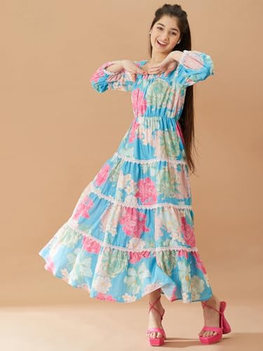 Pspeaches Girls Floral Printed Fit And Flare Tiered Cotton Maxi Dress