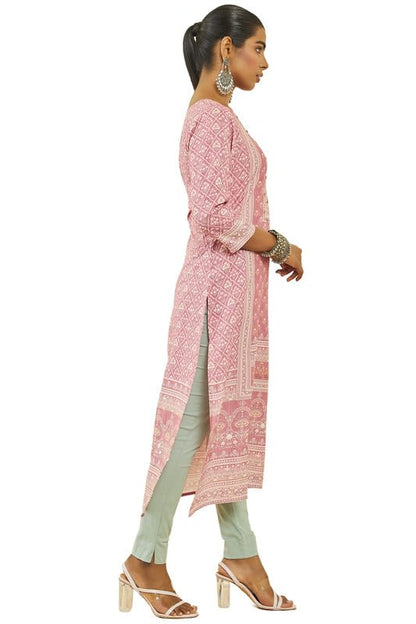 Soch Womens Pink Muslin Botanical Print Kurta with Beadwork Details
