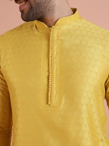 Kisah Men Yellow White Self Design Kurta With Churidar, Full Sleaves, Knee Length, Straight, Regular Fit, Mandarin Collar Ethnic