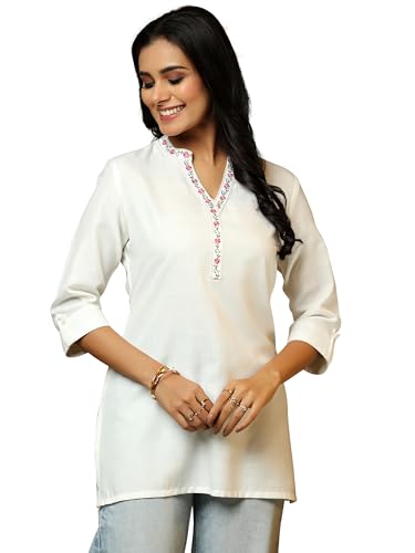 Libas WomenS Cotton Blend Solid/Plain Regular Kurtis (58246Br White