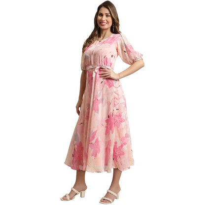 Preneum Women Dress Maxi Fit & Flare Latest Style Print Georgette Regular Sleeves Casual Summer Maxi Dress | Festival & Occasion