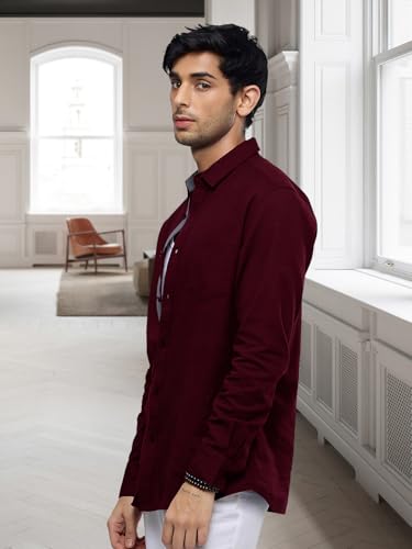 Pinkmint Casual Shirt for Men Stylish Mens Shirt Soild Regular Fit Long Sleeve Formal Wear Maroon