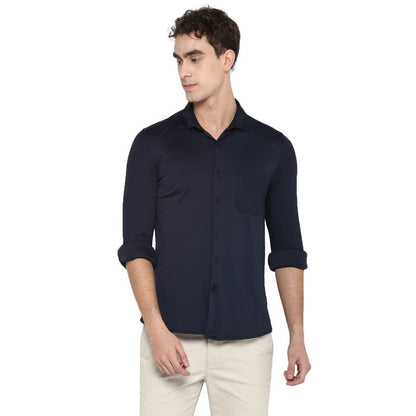 Turtle Men Navy Blue Polyester Solid Slim Fit Shirts