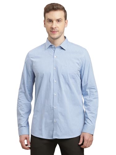 Turtle Men 100% Cotton Slim Fit Light Blue Striped Full Sleeve Formal Shirt