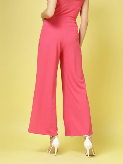 Womens Wide Leg Pants | Solid Pink Stretchable Polyester Trousers | Stylish Korean Clothing | Flared, Straight Fit, Baggy, and