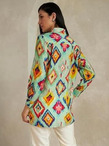 Leriya Fashion Womens Rayon Ikat Printed Casual Shirt Tops for Women Long Cuff Sleeves Collared Neck Button Down Tunic for Outi