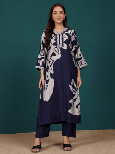 Varanga Women Abstract Printed V Neck Flared Sleeve Kurta With Trouser