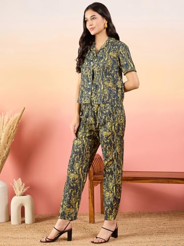 Pivl Women Shirt Pant Navy Abstract Print Co-Ord Set_2X-Large