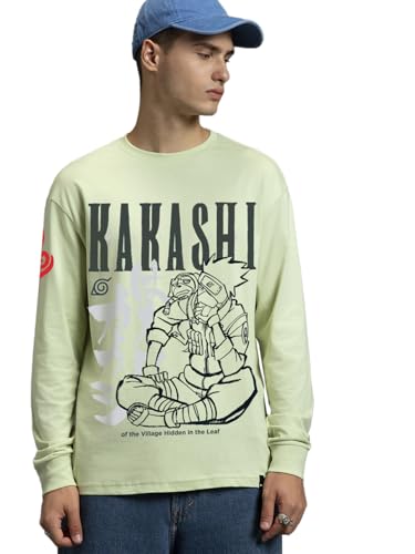 Bewakoof Official Naruto Merchandise Kakashi Hatake Mens Graphic Print Oversized Fit Full Sleeve Round Neck Cotton T-Shirt_6713