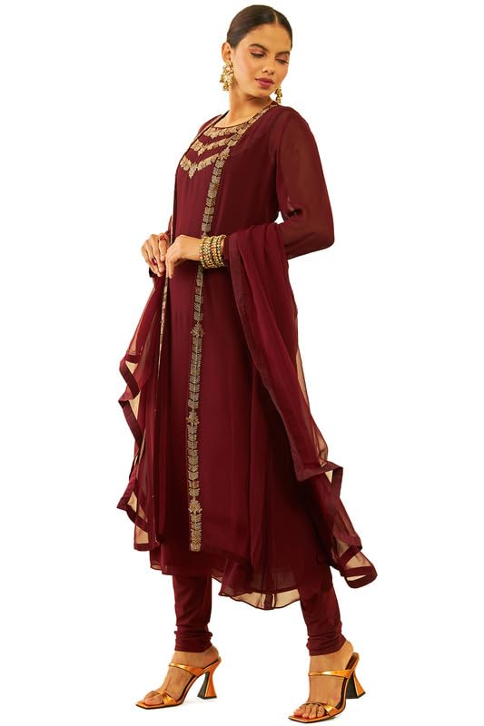 Soch Womens Maroon Georgette Cutdana Work Suit Set With Jacket And Dupatta
