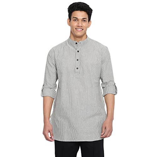 Fabindia Men Cotton Slim Fit Striped Short Kurta Grey_Xxl