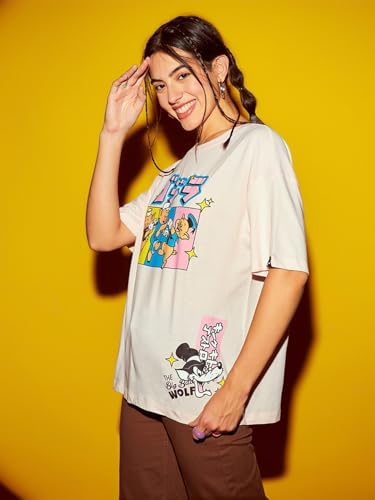 Bewakoof Official Disney Merchandise Womens Graphic Printed Oversized Fit Half Sleeve Round Neck Cotton Jersey T-Shirt_ 624622