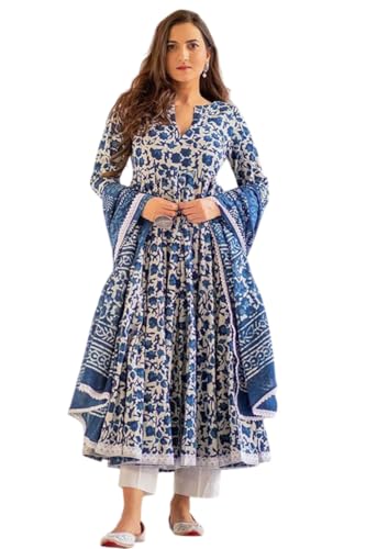 Flosive Blue Rayon Cotton Anarkali Kurti Set