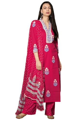 GoSriKi Womens Rayon Viscose Printed Straight Kurta with Pant & Dupatta (Belagavi Pink-GS_M_Pink_Medium)