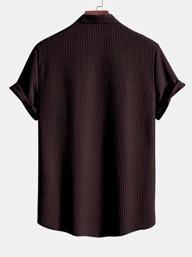 Greciilooks MenS Summer Casual Two Piece Outfit, Textured Button Down Shirt And Shorts Set Brown