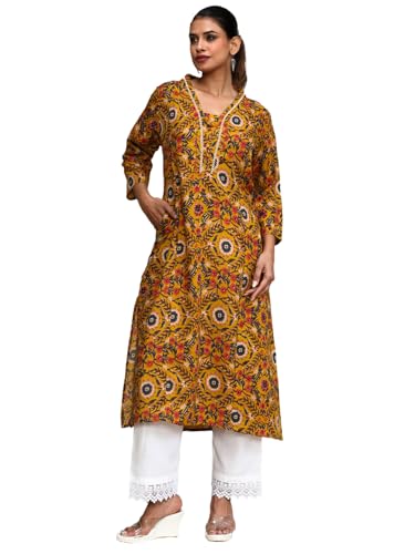 Varanga Women Ethnic Jaipuri Printed V Neck A-Line Kurta Yellow