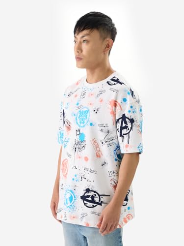 The Souled Store Official Marvel: Creative Chaos Men And Boys Short Sleeves Round Neck Multicolor All Over Printed Cotton Oversi