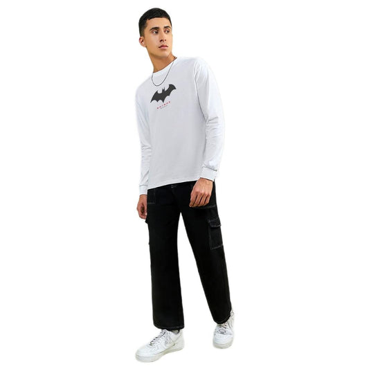 Bewakoof Mens Batman Outline Logo (BML) Graphic Print White Round Neck Long Sleeve Oversized Fit T-Shirt